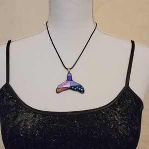 Fused Dichroic Glass Pendant on Black Leather Cord - Mermaid Fish Tail N…